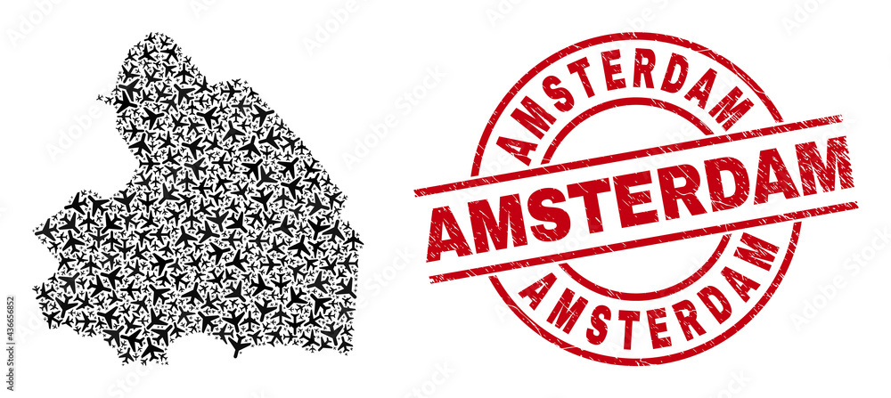 Amsterdam grunge seal stamp, and Drenthe Province map collage of aviation items. Collage Drenthe Province map created with aviation items. Red stamp with Amsterdam tag, and grunge rubber texture. Amsterdam grunge seal stamp, and Drenthe Province map collage of aviation items. Collage Drenthe Province map created with aviation items. Red stamp with Amsterdam tag, and grunge rubber texture.