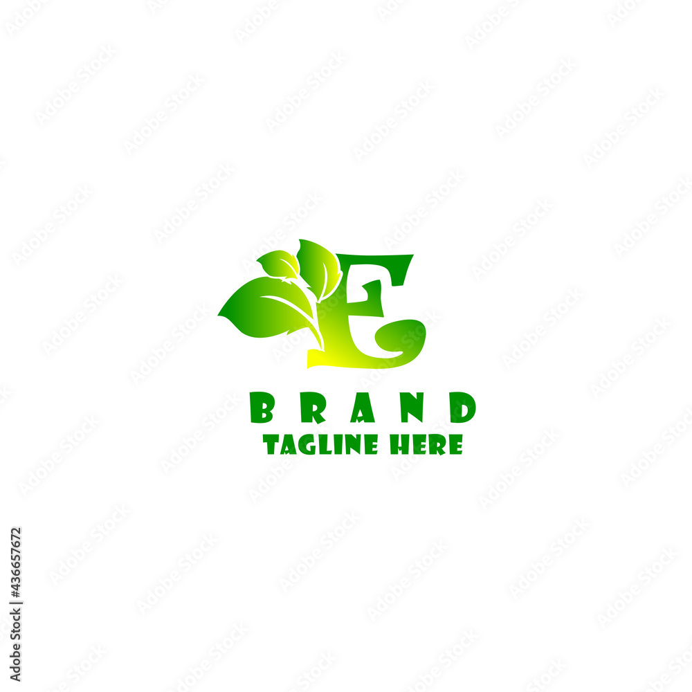 Letter E logo template with green Leaf. Eco design element. Vector illustration. Corporate branding identity