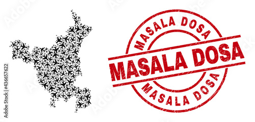 Masala Dosa rubber stamp, and Haryana State map mosaic of airliner elements. Mosaic Haryana State map created with airliners. Red imprint with Masala Dosa caption, and grunge rubber texture.
