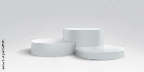 Podium platform or stage, 3d white stand, realistic product display background. Vector round dais pedestal or podium platform pillars for product display or presentation