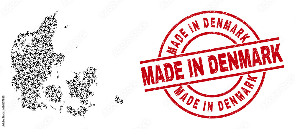 Made in Denmark scratched seal stamp, and Denmark map collage of airliner items. Mosaic Denmark map designed of aviation items. Red seal with Made in Denmark tag, and corroded rubber texture. Made in Denmark scratched seal stamp, and Denmark map collage of airliner items. Mosaic Denmark map designed of aviation items. Red seal with Made in Denmark tag, and corroded rubber texture.