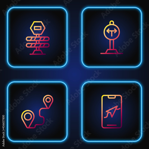 Set line City map navigation, Route location, Road barrier and Fork in the road. Gradient color icons. Vector