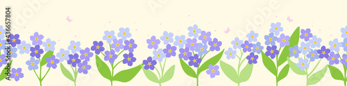 seamless border of blossoming lilac forget-me-nots, with fluttering pink butterflies. vector illustration.