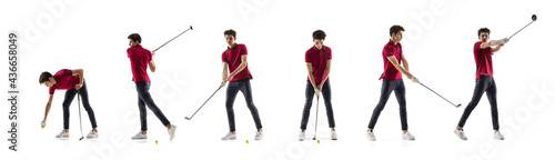 Collage of different photos of professional golf player, sportsman in action and motion isolated on white background. Flyer.
