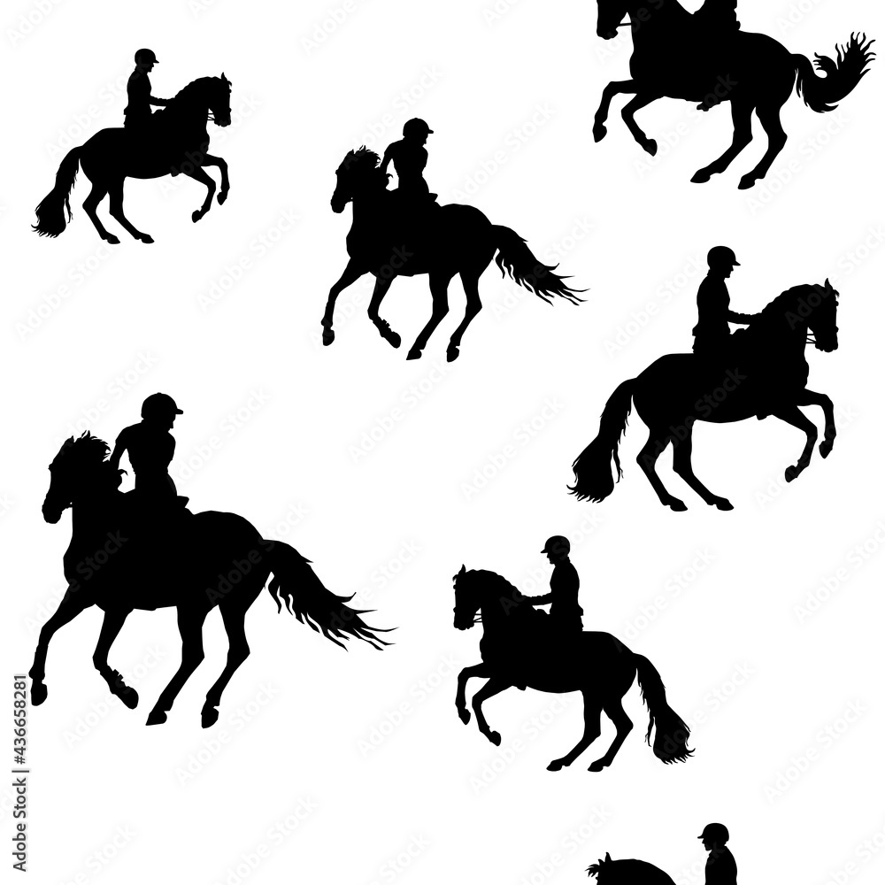 Fototapeta seamless sports background, equestrian sports, silhouettes of riders on colored background