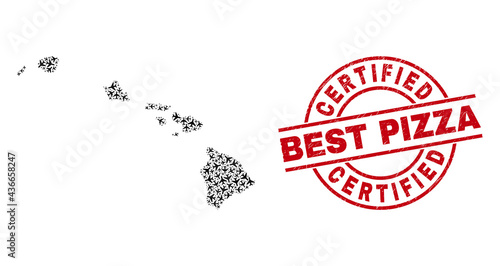 Certified Best Pizza rubber stamp, and Hawaii State map mosaic of airplane elements. Mosaic Hawaii State map designed of air planes. Red seal with Certified Best Pizza text, and grunge rubber texture.