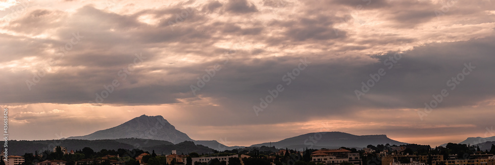 the Sainte Victoire mountain, in the light of spring in stormy weather