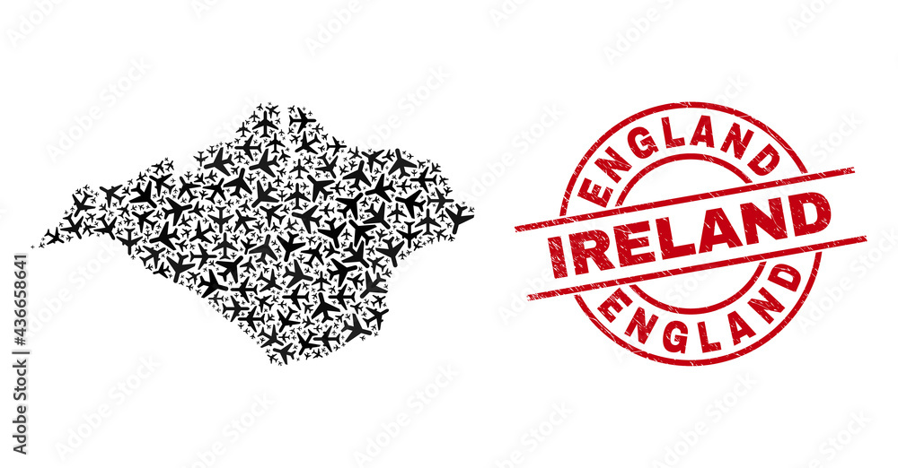 England Ireland scratched seal stamp, and Isle of Wight map collage of airliner items. Collage Isle of Wight map created of aviation items. Red imprint with England Ireland text, England Ireland scratched seal stamp, and Isle of Wight map collage of airliner items. Collage Isle of Wight map created of aviation items. Red imprint with England Ireland text,