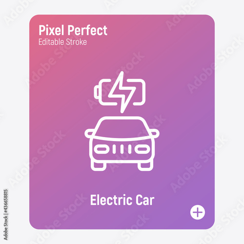 Electric car is charging. Thin line icon. Eco transport. Electromobile. Pixel perfect, editable stroke. Vector illustration.