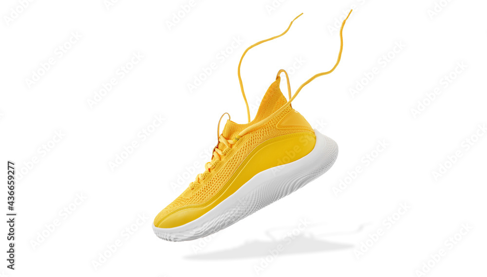 Flying yellow leather womens sneakers isolated on white background. Fashionable stylish sports casual shoes. Creative minimalistic layout with footwear. Mock up for design advertising for shoe store - obrazy, fototapety, plakaty 
