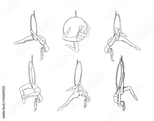 Woman athlete in circus performance. Female acrobat set. Engraved vector illustration
