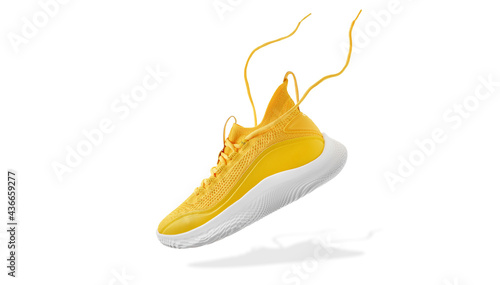 Vászonkép Flying yellow leather womens sneakers isolated on white background