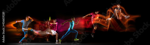 Development of motions of different kinds of sport games. Young men in action isolated over dark background in neon mixed colored light. Flyer.