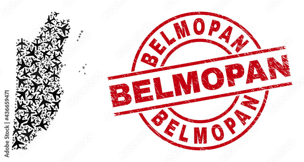 Belmopan distress seal, and Belize map collage of aircraft elements. Collage Belize map created using aircraft. Red seal with Belmopan caption, and unclean rubber texture. Belmopan distress seal, and Belize map collage of aircraft elements. Collage Belize map created using aircraft. Red seal with Belmopan caption, and unclean rubber texture.