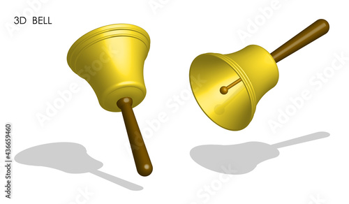 3d ringing school bell with wooden handle. Call to lesson. September 1, beginning of school year. Isometric vector