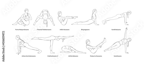 Yoga set with sanscrit asana names. Yogi woman full body workout including core muscles, legs and arms. Sketch vector illustration isolated in white background