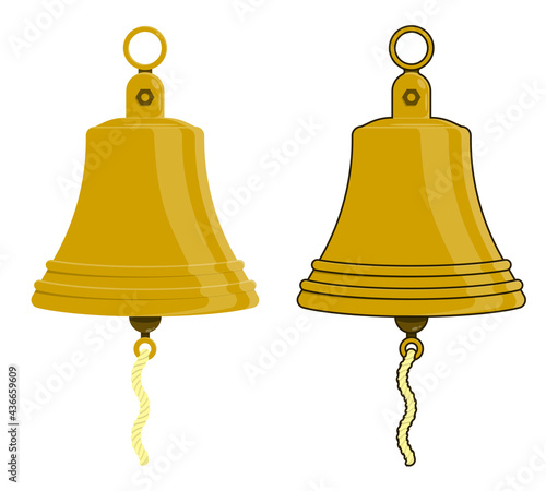 shiny metal ship bell on mount. Ringing bell on boat. Colored vector in cartoon style