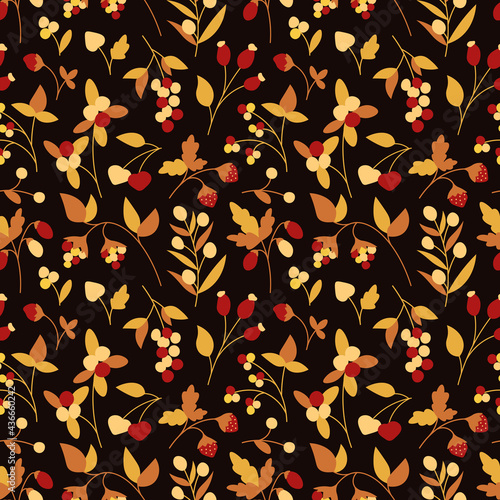 Floral seamless pattern with different berries and leaves on dark background