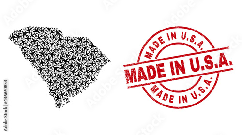 Made in U.S.A. rubber seal stamp, and South Carolina State map mosaic of aeroplane elements. Collage South Carolina State map constructed from aeroplanes. Red seal with Made in U.S.A. text,