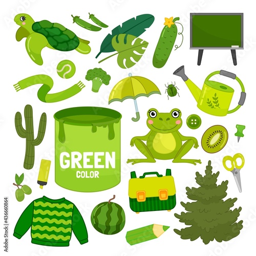 Vector set of green color objects. Learn green color. Illustration of primary colors.
