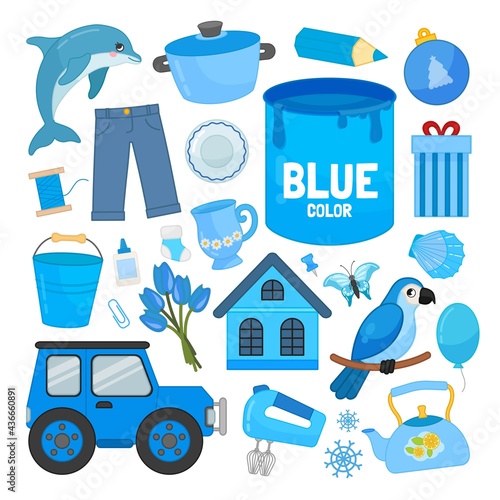 Vector set of blue color objects. Learn blue color. Illustration of primary colors.
