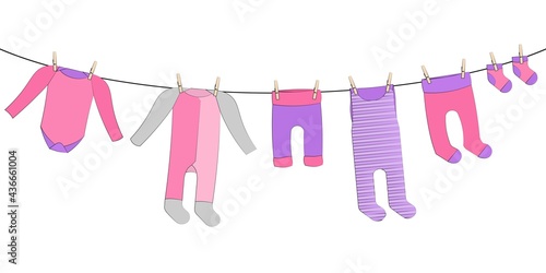 hanging laundry for baby girl in pink pastel colors, vector decorative garland isolated on white background, for decorating invitations, baby shower cards