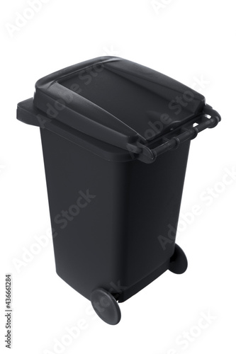 Plastic black trash can isolated on white background