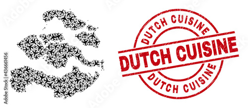 Dutch Cuisine grunge stamp, and Zeeland Province map collage of air plane items. Collage Zeeland Province map constructed with aviation items. Red badge with Dutch Cuisine tag,