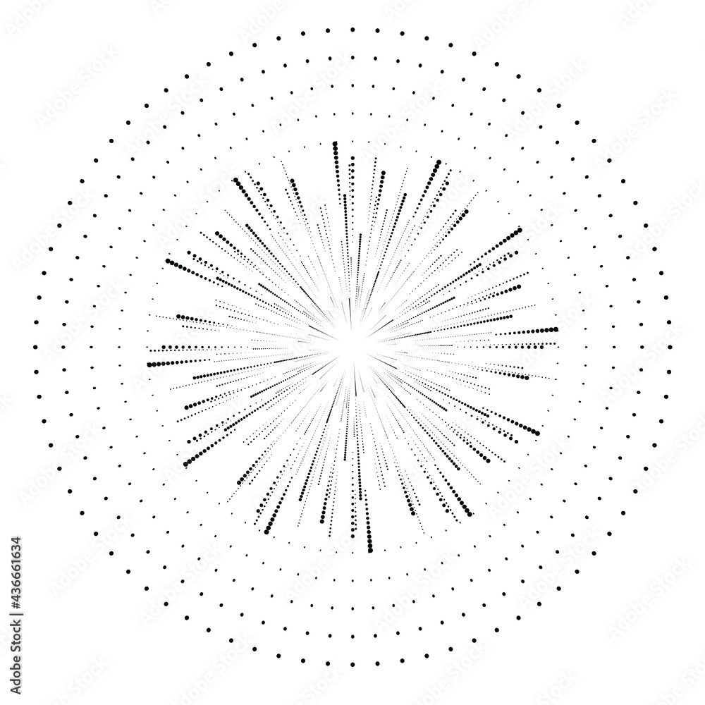 Obraz premium Radial halftone dots in Circle Form for comic books . fireworks Explosion background . Vector Illustration . Starburst round Logo . Circular Design element . Abstract Geometric star rays . Sunburst .