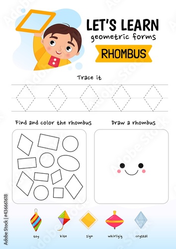 Handwriting practice sheet. Basic writing. Educational game for children. Learning basic geometric shapes. Rhombus.
