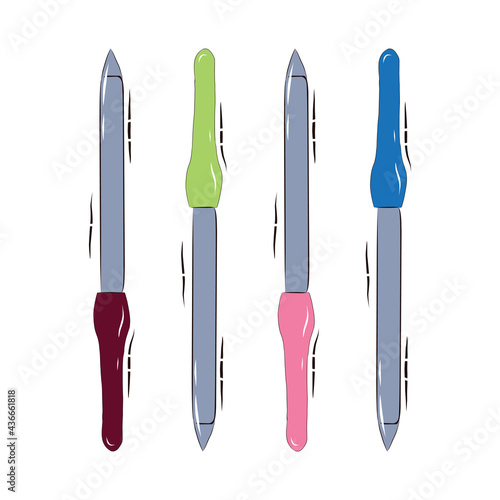 A set of vector elements of professional tools for manicure and pedicure. Pattern. Stock illustration. Metal nail files.