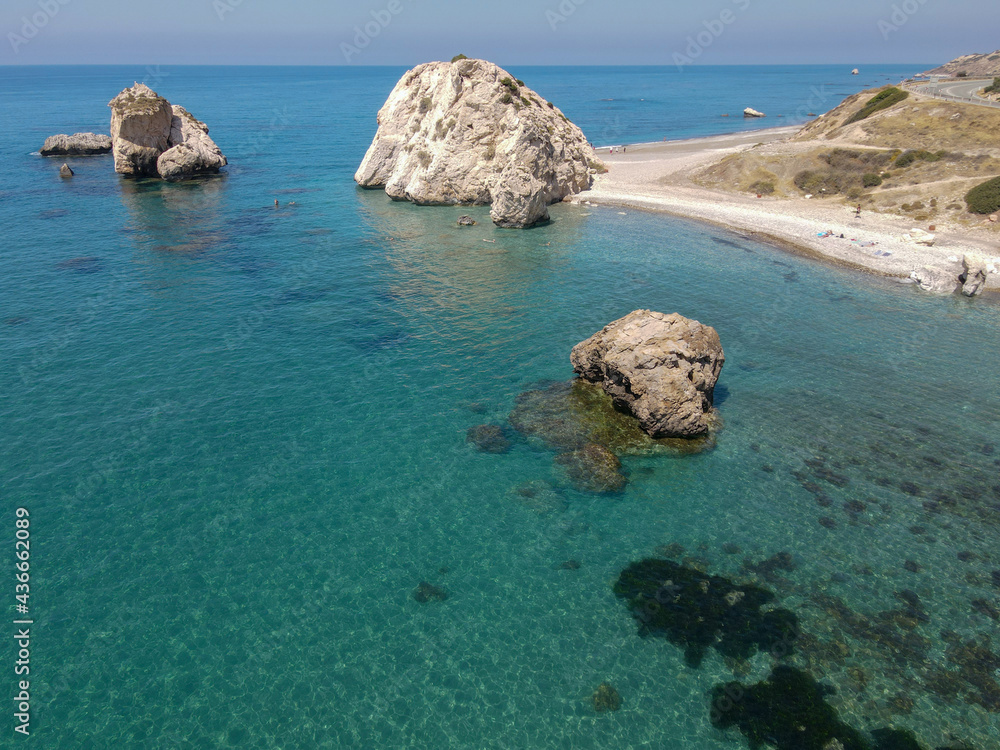 Drone view at Aphrodite's rock and beach in Cyprus