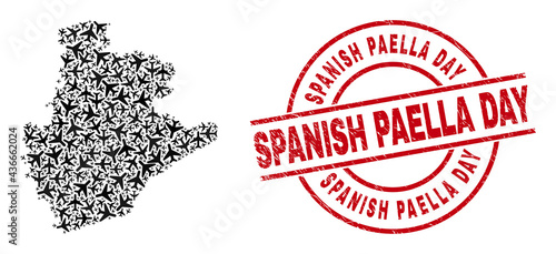 Spanish Paella Day scratched stamp, and Barcelona Province map collage of airliner elements. Collage Barcelona Province map designed of jet vehicles. Red stamp with Spanish Paella Day tag,