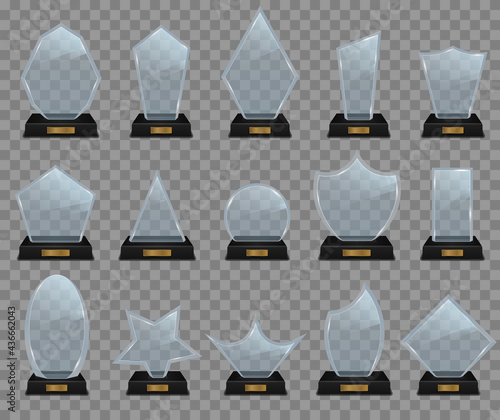 Realistic glass trophy award, golden winner prizes