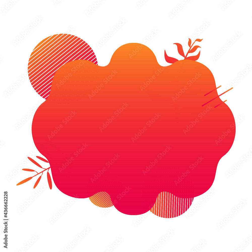 Naklejka premium Summer background. Summer sale. Branch plant, palm. Web wallpaper. Social media. Abstract shapes. Circle, cloud, lines. Red and orange gradient. 