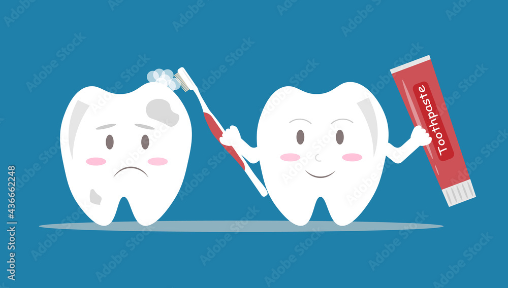 Two cartoon white smiling teeth holding toothpaste and toothbrush in the hands, dentalcare concept, flat vector design Two cartoon white smiling teeth holding toothpaste and toothbrush in the hands, dentalcare concept, flat vector design