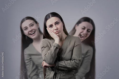 Woman with personality disorder on light background, multiple exposure