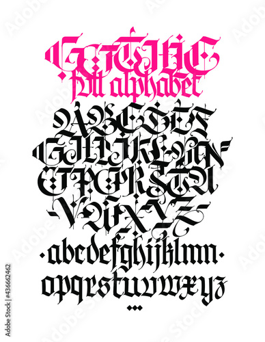 Gothic alphabet. Vector. Contemporary Gothic. Black calligraphic letters on a white background. All letters are stored separately. Medieval Latin letters. Uppercase and lowercase letters for tattoo.