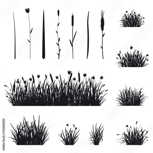 Grass and flower black silhouettes vector brush set isolated on a white background.