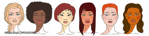 Set European, Latin American, Asian young women different nationalities and cultures together line art. Vector doodle illustration