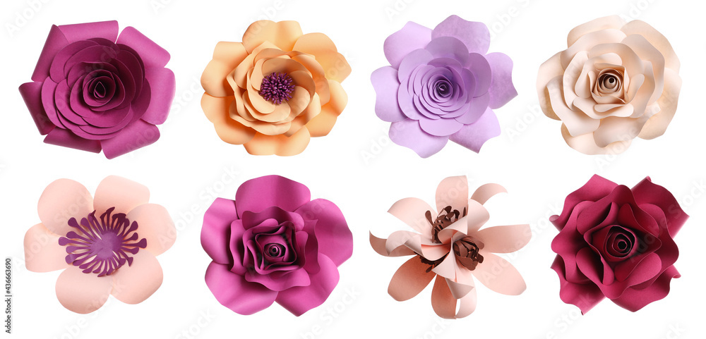 Set with beautiful flowers made of paper on white background, top view. Banner design