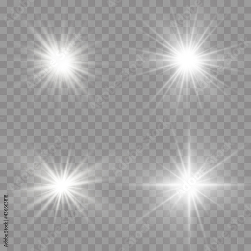 Star burst with light, white sun rays. 