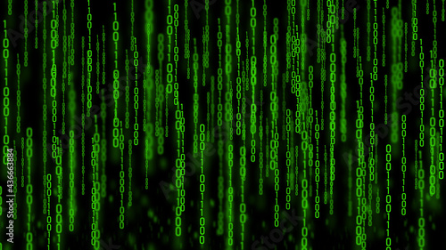 Abstract green binary code on a black background.
