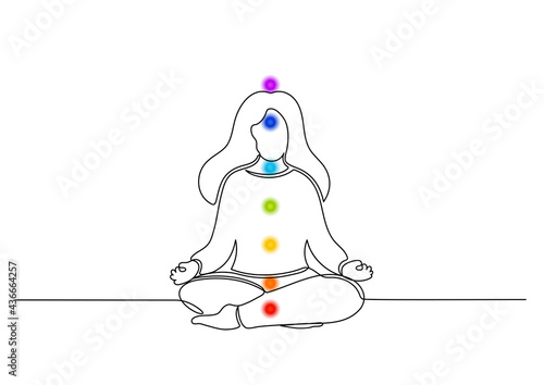 Woman meditats in lotus pose. Continuous one line drawing. Chakras system. Yoga, mindfulness, relax, calm, breathing exercises.