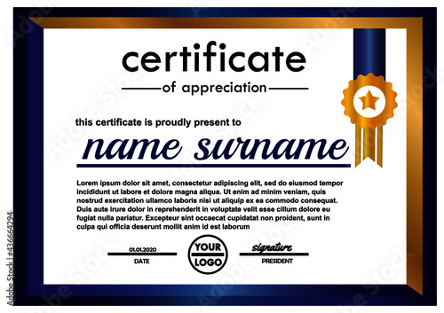 Certificate of appreciation template.Diploma vector template.Gold border.Luxury and modern.Vector illustration.Contest and winning concept.