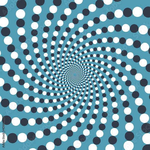Trippy optical illusion vector background. White blue spiral dotted pattern.