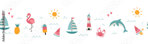 Lovely hand drawn summer seamless pattern, cute doodles, beach background, great for textiles, swimwear, wrapping, banners, wallpapers - vector design