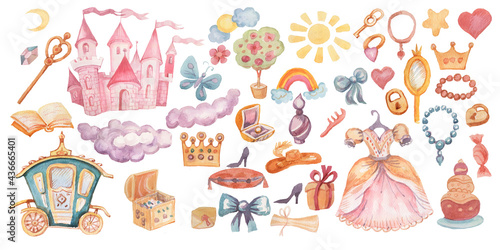 Fairy princess castle hand drawn watercolor illustration.  set print textile background clipart for little girls for the holiday congratulations
