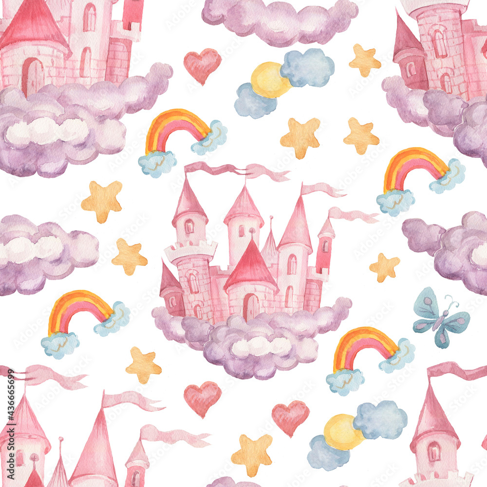 Fairy princess castle hand drawn watercolor illustration. Patern seamless set print textile background clipart for little girls for the holiday congratulations
Fairy princess castle hand drawn watercolor illustration. Patern seamless set print textile background clipart for little girls for the holiday congratulations