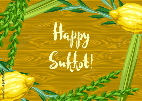 Happy Sukkot greeting card. Holiday background with Jewish festival traditional symbols.